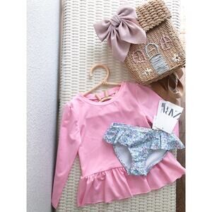 NWT Zara Blooming Floral Frilly Swim Bottoms + Rash Guard Top Swimsuit 3/4